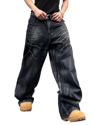 DFGIGT Mens Baggy Jeans Patchwork Y2k Hip Hop Wide Leg Denim Pants Casual Loose Fit Trousers Streetwea