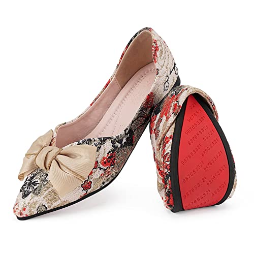 Hxlber Women's Flats Shoes Pointed Toe Bow Embroidery Ballet Comfortable Dressy Slip On Fla