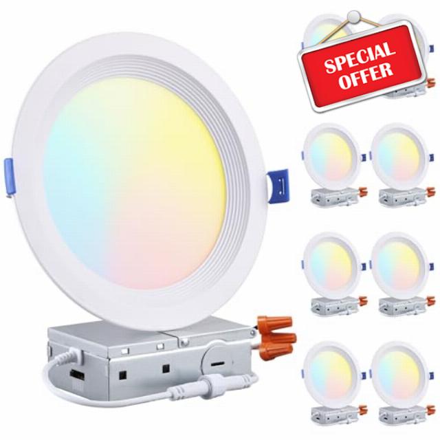 TORCHSTAR 8-Pack 5CCT 6 Inch Slim LED Recessed Lighting with J Box