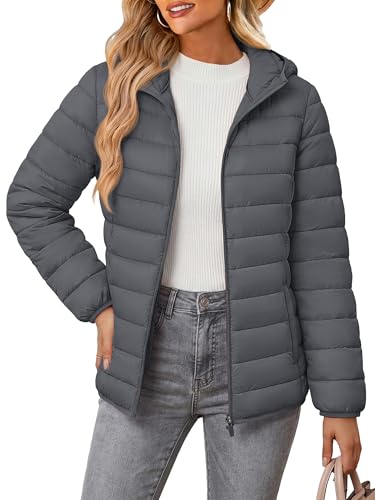 MAGCOMSEN Women's Hooded Puffer Jacket Lightweight Quilted Padded Coat 4 Pockets Zip-up Winter Warm Outerwea