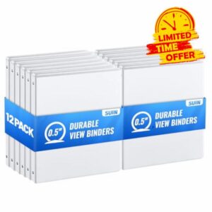 SUIN Bulk 12 Pack 0.5-inch 3 Ring Binders -Durable 1/2'' Binders with Roung Ring Binder
