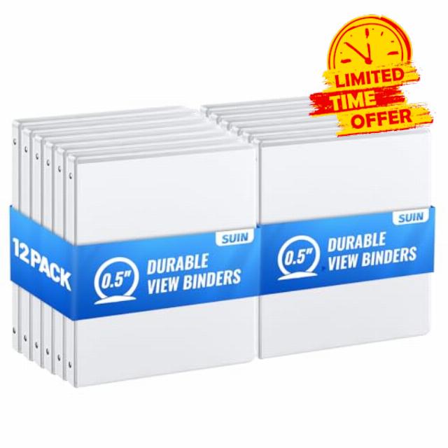 SUIN Bulk 12 Pack 0.5-inch 3 Ring Binders -Durable 1/2'' Binders with Roung Ring Binder