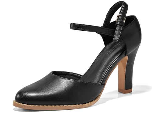 Coutgo Womens Chunky High Heels Closed Pointed Toe Ankle Strap Pumps Vintage D'Orsay Dress Party Shoes