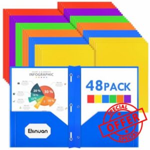 Ellinjan 48 Pack Plastic Folders with Pockets and Prongs