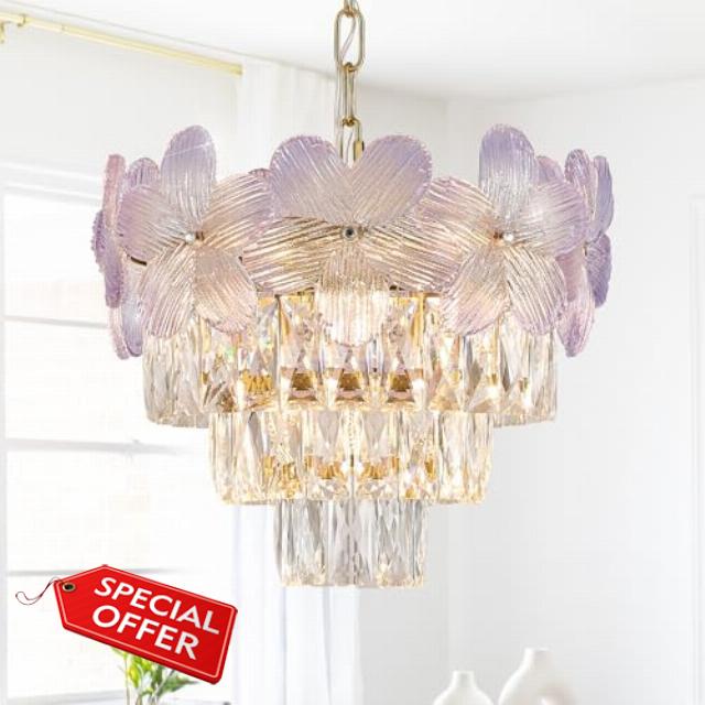 Modern Purple Flower Elegant Chandeliers 3-Lights 14" K9 Crystal Luxury Gold Chandelier Lighting 4 Tiers Small Ceiling Pendant Light Fixture for Dining Room Kitchen Island Entryway Bedroom