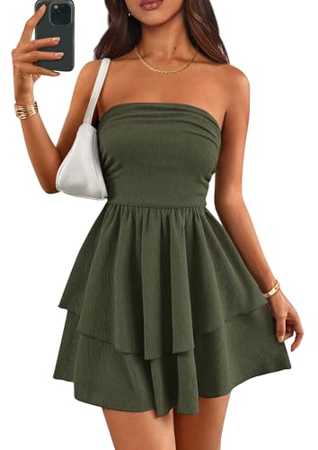 PRETTYGARDEN Women's 2026 Summer Strapless Tube Mini Dress Off Shoulder Smocked Ruffle A Line Flowy Short Party Club Dresses