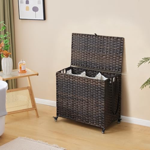 3-Section Rattan Clothes Hamper with 3 Removable Liner & 3 Mesh Bags