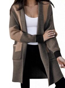 Astylish Women Open Front Long Sleeve Cardigan Casual Knit Sweaters Color Block Fall Outfits with Pockets