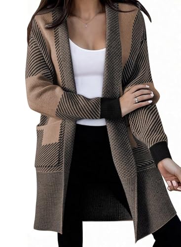 Astylish Women Open Front Long Sleeve Cardigan Casual Knit Sweaters Color Block Fall Outfits with Pockets