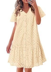 KIRUNDO Eyelet Dresses for Women 2026 Spring Summer Short Sleeve Button Down Loose Mini Babydoll Dress Beach Vacation Clothes