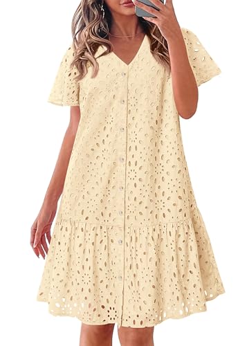 KIRUNDO Eyelet Dresses for Women 2026 Spring Summer Short Sleeve Button Down Loose Mini Babydoll Dress Beach Vacation Clothes