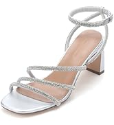 CosyFever Womens Rhinestone Heeled Sandals Ankle Strap Square Toe Chunky Block Heel Shoes for Cas...