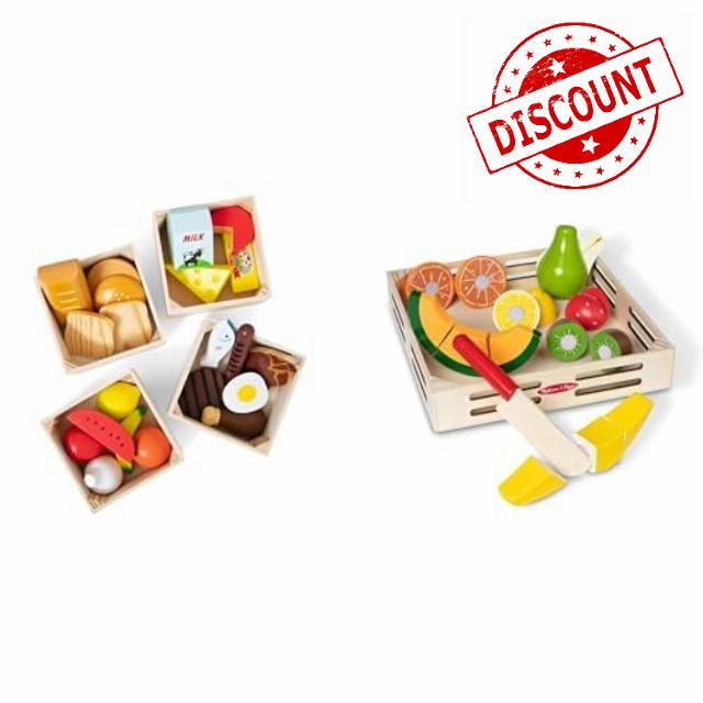 Melissa & Doug Wooden Play Food Bundle - 21 Hand-Painted Food Pieces with 4 Crates & 17-Piece Cutting Fruit Set with Storage Box