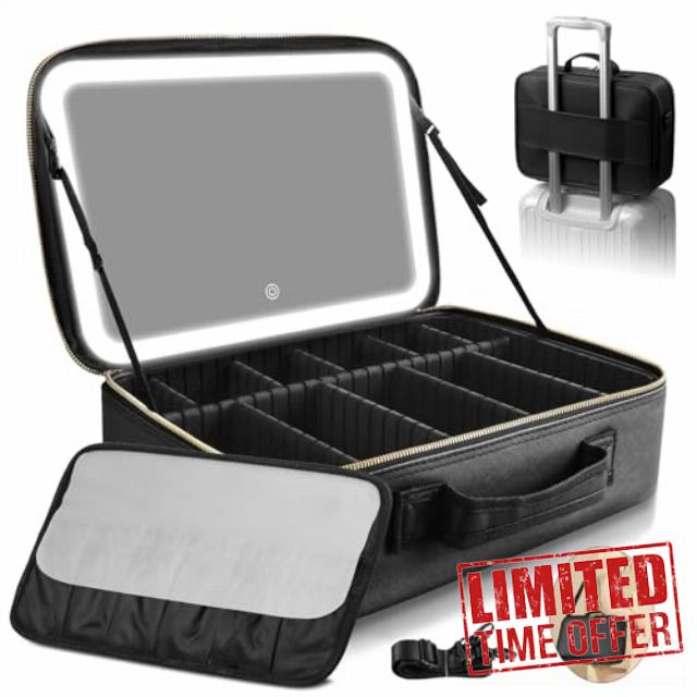 Upgraded Large Travel Makeup Bag with LED Mirror