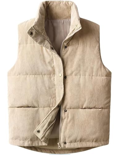 Womens Corduroy Puffer Vest Stand Collar Zip Snap Button Sleeveless Warm Waistcoat Padded Gile