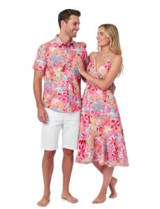 PATPAT Matching Hawaiian Outfits for Couples Beach Vacation Tropical Print Women Spaghetti Strap Dress or Men Cruise Shi