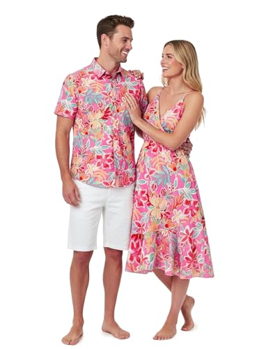 PATPAT Matching Hawaiian Outfits for Couples Beach Vacation Tropical Print Women Spaghetti Strap Dress or Men Cruise Shi