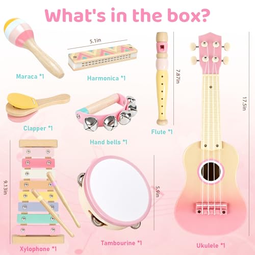 Montessori Wooden Ukulele Xylophone Tambourine Maracas Flute