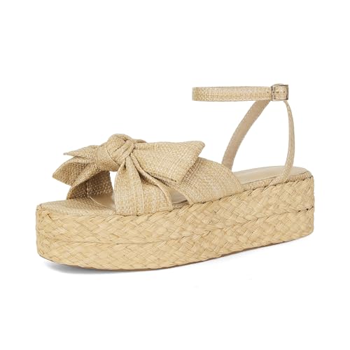 DOEYG Raffia Platform Sandals for Women Comfortable Casual Adjustable Buckle Strap Summer Open Toe Woven Slingback Beach Sandals