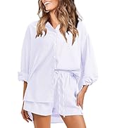 EXLURA Women's 2 Piece Outfits Casual Long Sleeve Button Down Shirts Lounge Matching Short Sets S...