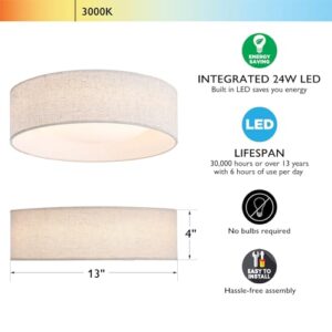 24W 3000K LED Closed to Ceiling Light Fixture with Classic Linen Drum Design for Bedrooms