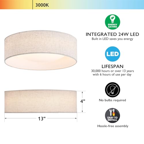 24W 3000K LED Closed to Ceiling Light Fixture with Classic Linen Drum Design for Bedrooms
