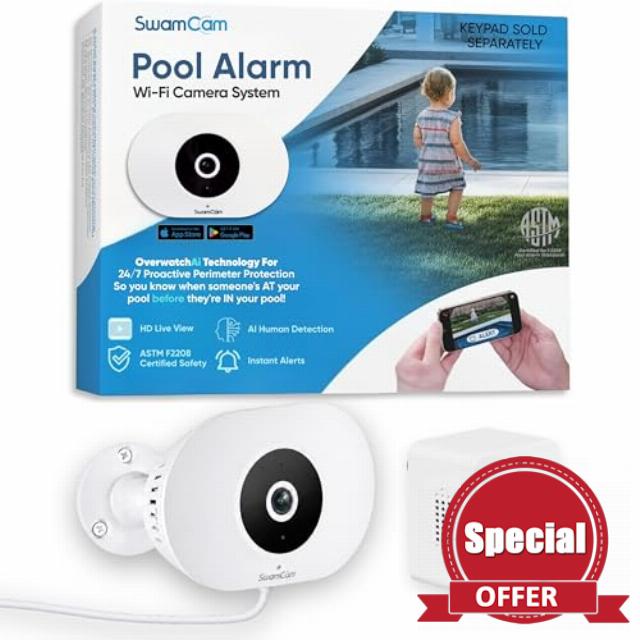 SwamCam Pool Alarm Wi-Fi Camera System – ASTM F2208 Certified – Smart Pool Safety for In-ground & Above-Ground Pools – Real-Time Alerts & Live View (Camera & Repeater/Alarm Only)