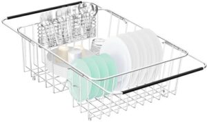 Expandable 304 Stainless Steel Metal Dish Drying Rack Organizer with Stainless Steel Utensil Holder Over Inside Sink Counter