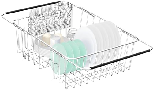 Expandable 304 Stainless Steel Metal Dish Drying Rack Organizer with Stainless Steel Utensil Holder Over Inside Sink Counter