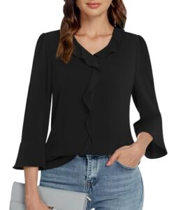 Funlingo Womens 3/4 Length Sleeve Tops V Neck Dressy Casual Blouses Tunic Trendy Business Office Ruffle Work Shirts
