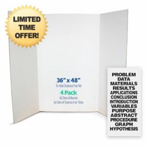 Flipside Products Science Fair Project Board Kit – 36" x 48" White Trifold Boards with Black Science Fair Title Letters – Ready-to-Use Project Display Boards - 4 Pack