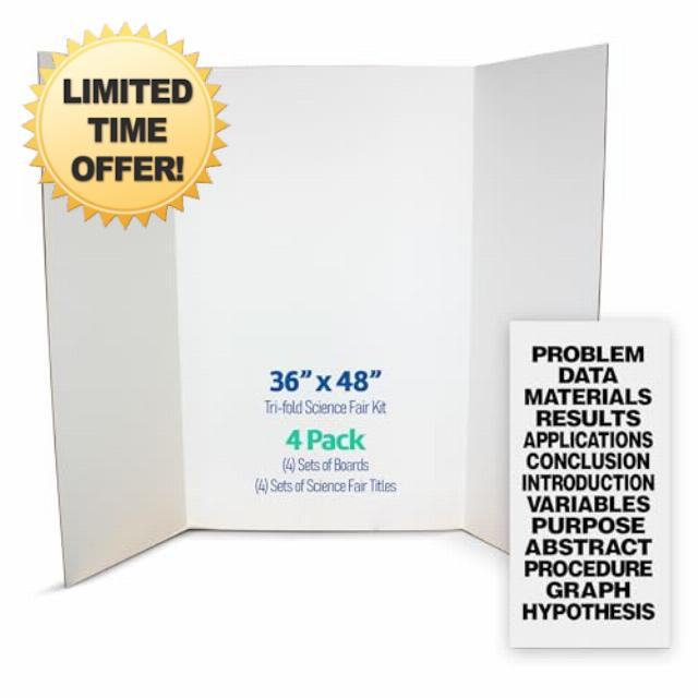 Flipside Products Science Fair Project Board Kit – 36" x 48" White Trifold Boards with Black Science Fair Title Letters – Ready-to-Use Project Display Boards - 4 Pack