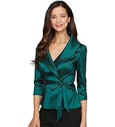 Alex Evenings Womens Portrait Collar Organza Blouse with Illusion Sleeves and Tie Belt