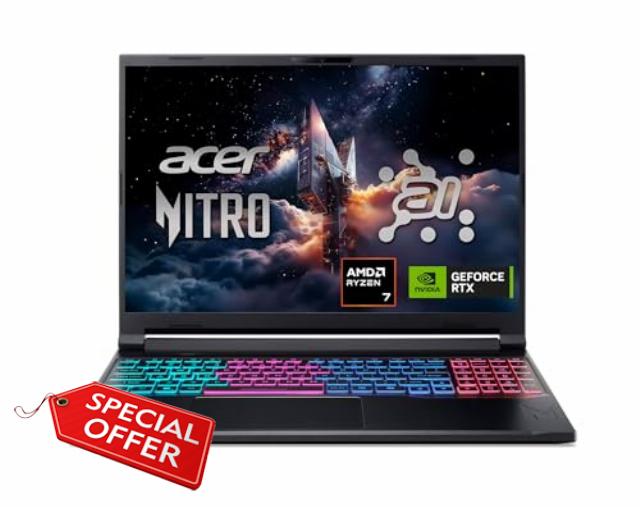 Acer Nitro V 16S AI Gaming Laptop | AMD Ryzen 7 260 Processor | NVIDIA GeForce RTX 5060 Laptop GPU (572 AI Tops) | 16" WUXGA IPS 180Hz Display | 32GB DDR5 | 1TB Gen 4 SSD | Wi-Fi 6 | ANV16S-41-R2AJ