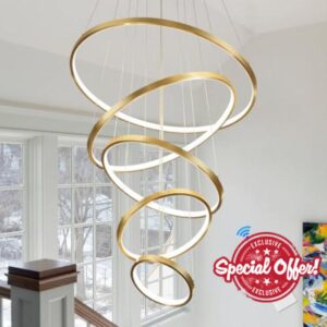 Modern LED Chandelier High Ceiling 5 Ring Gold Chandeliers Foyer Dimmable Ceiling Pendant Light Fixture Contemporary Flush Mount Chandelier for Staircase Living Room