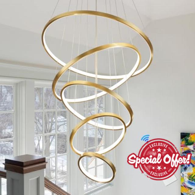 Modern LED Chandelier High Ceiling 5 Ring Gold Chandeliers Foyer Dimmable Ceiling Pendant Light Fixture Contemporary Flush Mount Chandelier for Staircase Living Room