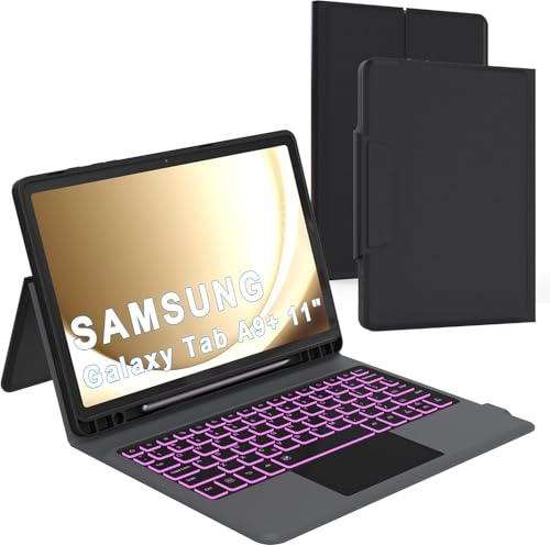 Keyboard Case for Samsung Tab A11+ Plus/A9+ Plus 11": 7 Colors Backlit Trackpad Keyboard for 11inch Galaxy Tab A9+ A11 Plus | Smart Touch Wireless Keyboard Folio Book Cover with Pen Holder & Kickstand