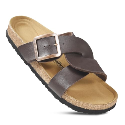 AEROTHOTIC Cork Recovery Slides for Women with Plantar Fasciitis Relief Comfortable Suede Footbed with Adjustable Buckle Cross Strappy Slip on Casual Travel Walking Beach Ladies Sandals