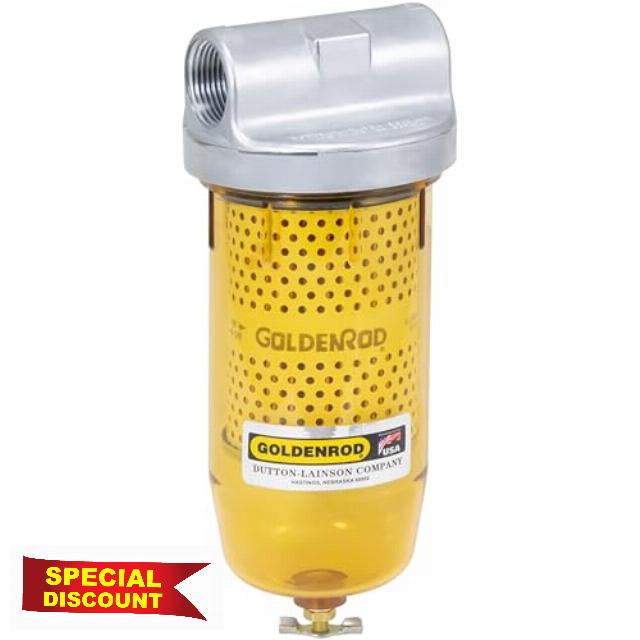 Dutton-Lainson Company - GOLDENROD 495 Bowl Fuel Tank Filter with 1" NPT Zinc Die-Cast Top Cap Fittings - See-Through Bowl Compatible with Biodiesel Blends - 10-Micron Diesel and Fuel Tank Filte