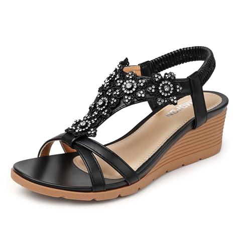 TEMOFON Women's Low Wedge Heels Summer Dressy Platform Sandals Elastic Ankle Strap Open Toe Flower Sandal Shoes