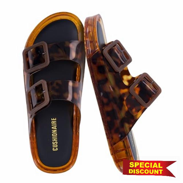 CUSHIONAIRE Pool Slides for Women Waterproof Double Buckle Adjustable Slip-On Womens Sandals for Beach Shower Casual Wea