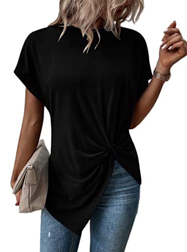 Remidoo Asymmetrical Tops for Women Twist Front Top Crewneck Knot Short Sleeve T Shirts
