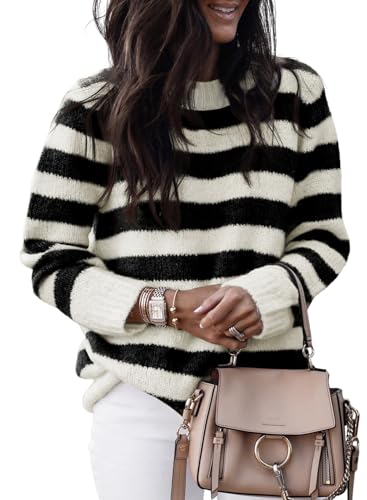 Dokotoo Sweaters for Women 2026 Crewneck Striped Cute Color Block Fall Winter Knitted Pullover Tops