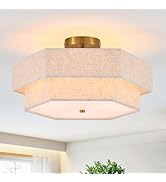 Widluth 12.99" Semi Flush Mount Ceiling Light Fixture, 3-Light White Linen Modern Drum Ceiling L...