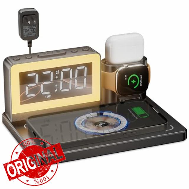 Wireless Fast Charging Station - 7 in 1 Alarm Clock with Wireless Charger Stand - Charging Dock for Apple