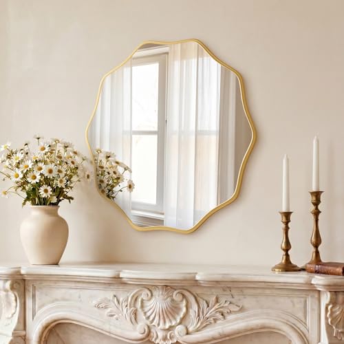 24'' Round Wall Mirrors Wavy Wood Framed for Bathroom Nursery Bedroom Living Room Entryway