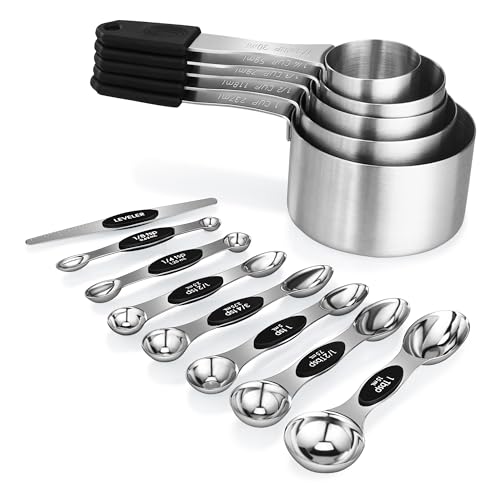 5 Stainless Steel Magnetic Measuring Cup and 8 Double Sided Measuring Spoons with 1 Leveler,Kitchen Gadgets for Cooking & Baking