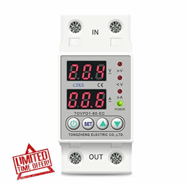 60A Din Rail 230V Adjustable Over and Under Voltage Protective Device Protector Relay Monitor Current Limit TOMZN TOVPD1-63-EC(60A)