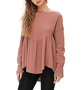 EXLURA Womens Fashion Waffle Knit Long Sleeve Shirts Crewneck Babydoll Casual Pullover Exposed Se...