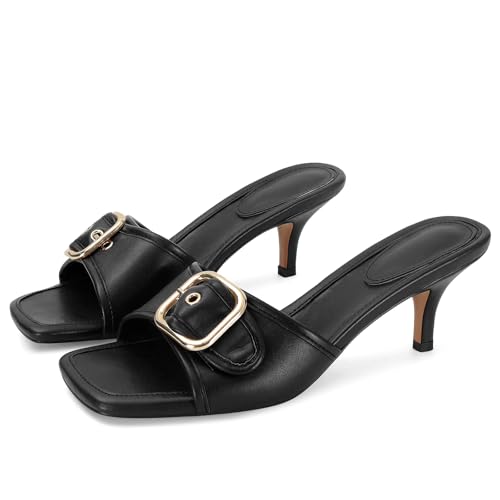 Dsevht Black Kitten Heel Sandals Stiletto Low Heels Slip On Slides Mule Sandal Square Open Toe Dress Shoes for Wome